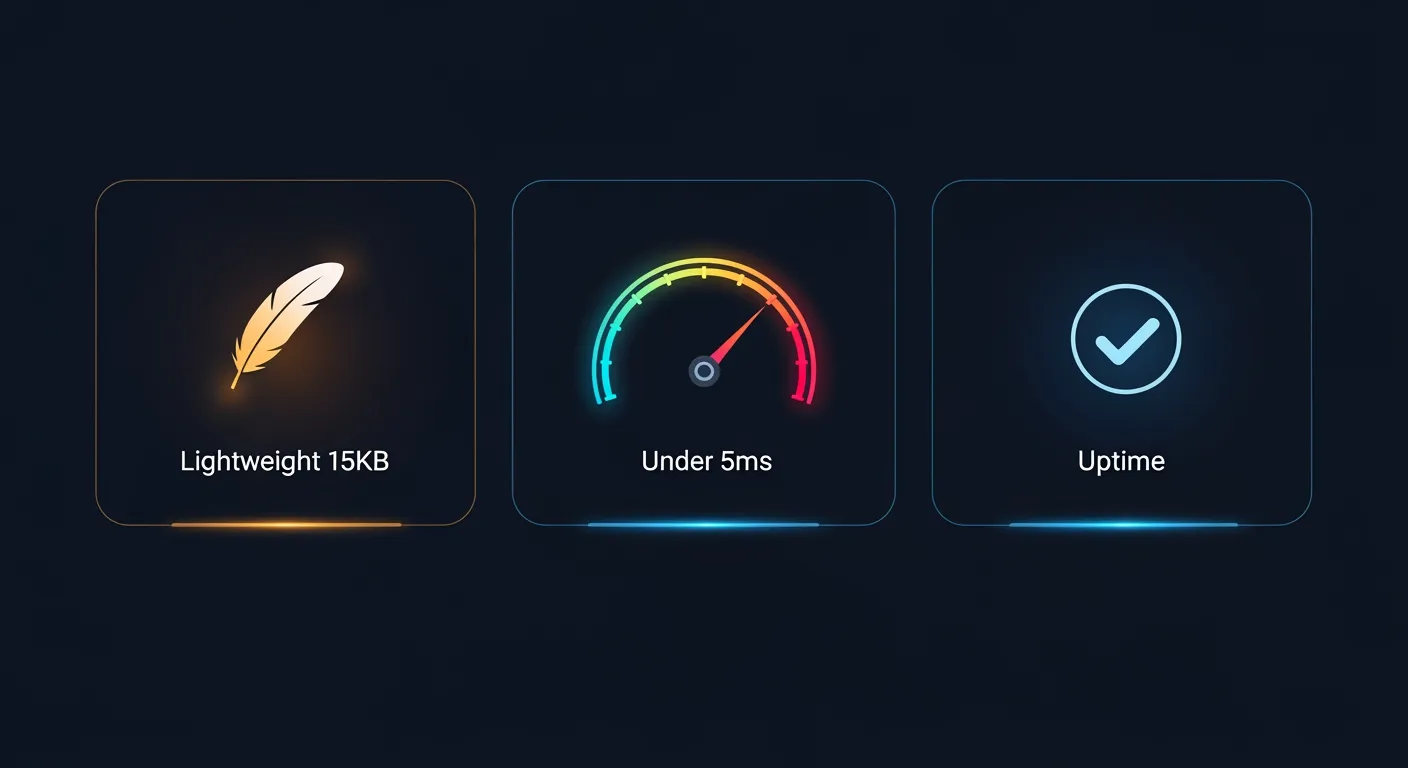 Performance metrics — 15KB JS, under 5ms cache, 0ms pre-rendered